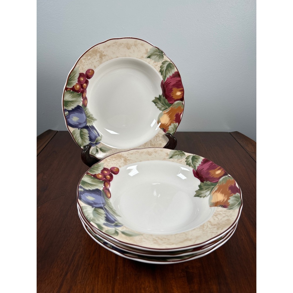 Noble Excellence Napa Valley Rimmed Soup Bowls Fruit Motif Scalloped Tuscan FOUR